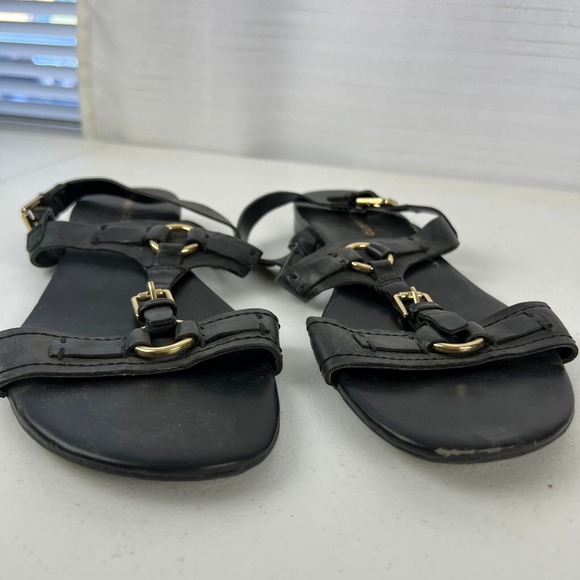 Franco Sarto Strappy Sandals Womens 10M Black‎ Leather Flat Heel Buckle Vacation - Picture 2 of 16